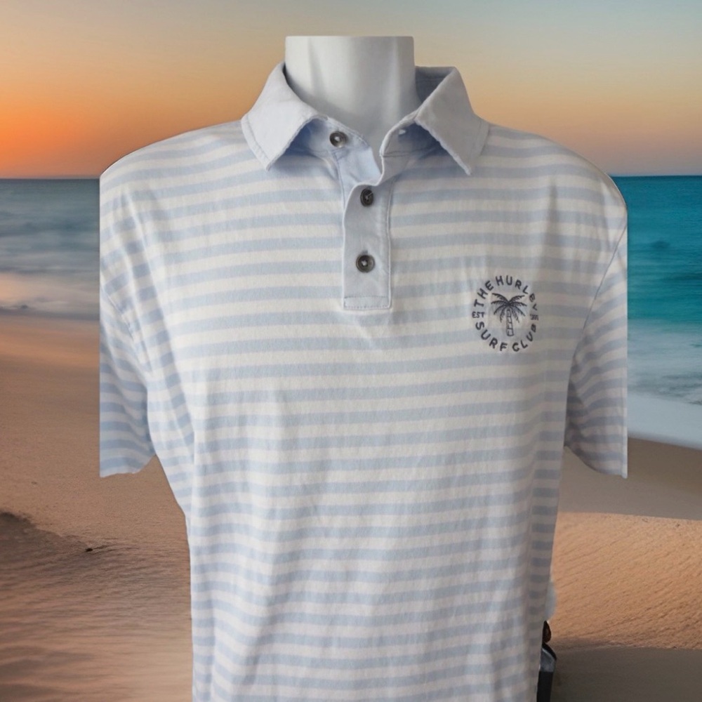 Hurley Surf Club Men's Size Large Polo Shirt. Blue/White Stripes. New with Tags